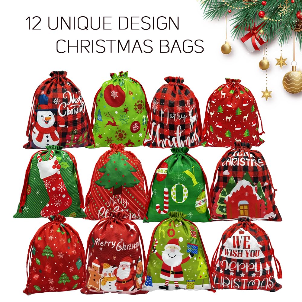 BAISDY 12Pcs Christmas Drawstring Gift Bags Fabric Reusable Christmas Buffalo Plaid Xmas Snowflake Gift Bags for Holiday Party Present Favor