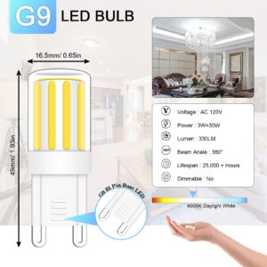 TZHILAN 3W G9 LED Bulb 30W Equivalent Halogen Cool White 6000K 120V Corn Lamp Bi-pin G9 Candelabra Light Energy Saving Bulbs Non-Dimmable for Ceiling Home Lighting, Pack of 6