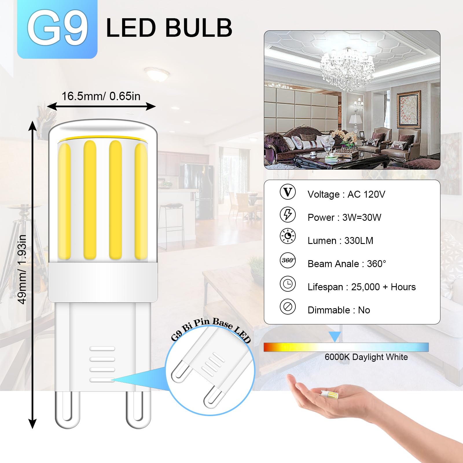 TZHILAN 3W G9 LED Bulb 30W Equivalent Halogen Cool White 6000K 120V Corn Lamp Bi-pin G9 Candelabra Light Energy Saving Bulbs Non-Dimmable for Ceiling Home Lighting, Pack of 6