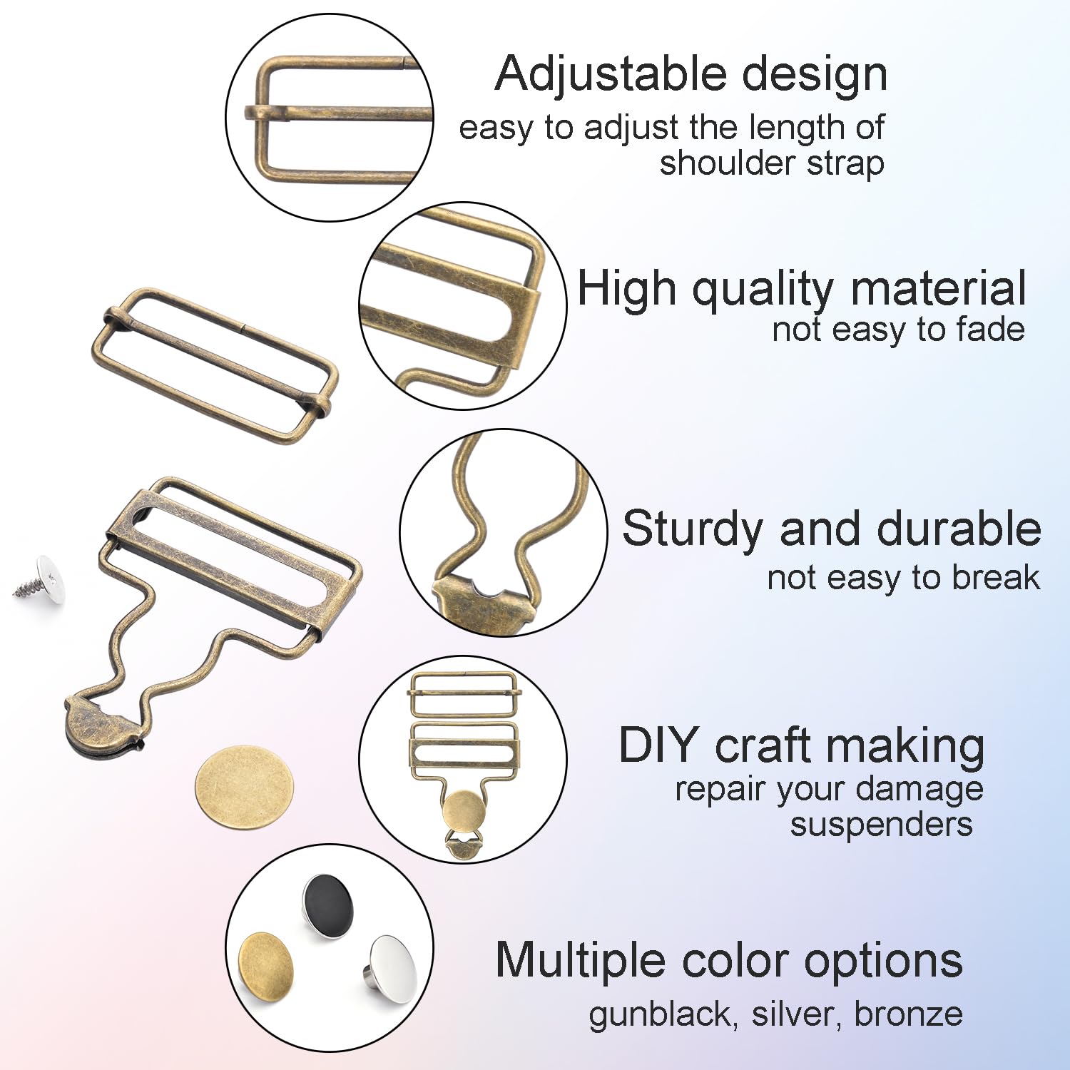 6 Sets Metal Overalls Buckles, 1-1/2" Overall Replacement Clasp Clips with Adjustable Tri Glide Slide Buckle and Buttons for Jeans Suspender, Bib Pants DIY Sewing Accessories (Bronze)