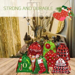 BAISDY 12Pcs Christmas Drawstring Gift Bags Fabric Reusable Christmas Buffalo Plaid Xmas Snowflake Gift Bags for Holiday Party Present Favor