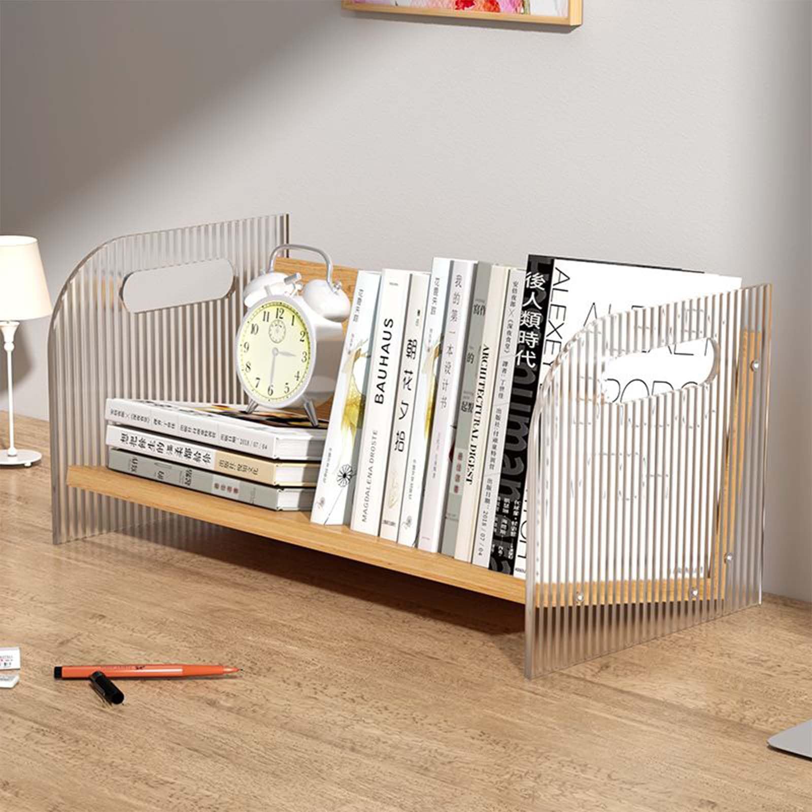 Desktop Bookshelf, Tilted Mini Bookshelf for Desk, Elegant Tabletop Bookshelf（Acrylic and Wooden ）, Book Shelf for Books Magazine CD, Tiny Bookshelf and Storage Rack in Living Room/Office/Home.