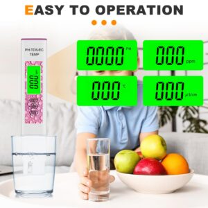 PH Meter 4 in 1 Water Quality Tester TDS Meter PH/TDS/EC/Temp Tester with Temperature Compensation Function, PPM Water Tester for Household Drinking, Pools, Fish Tanks (Pink)