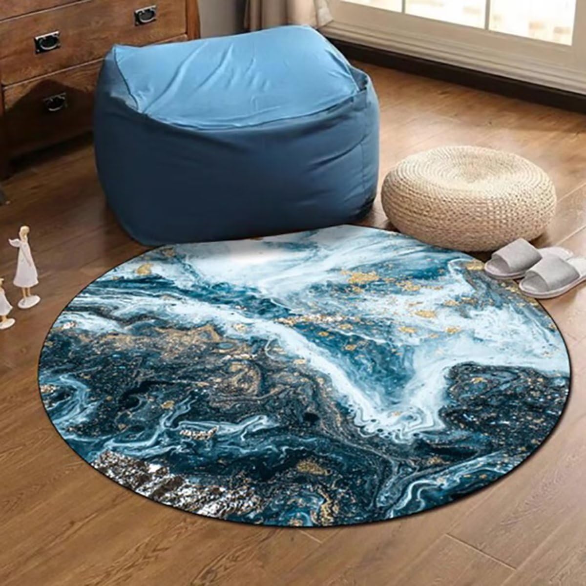 Large Area Rug for Dining Room 5ft Blue Circle Rug Marble Ocean Waves Throw Rug Modern Abstract Round Rug for Bedroom Non-Slip Soft Floor Mats