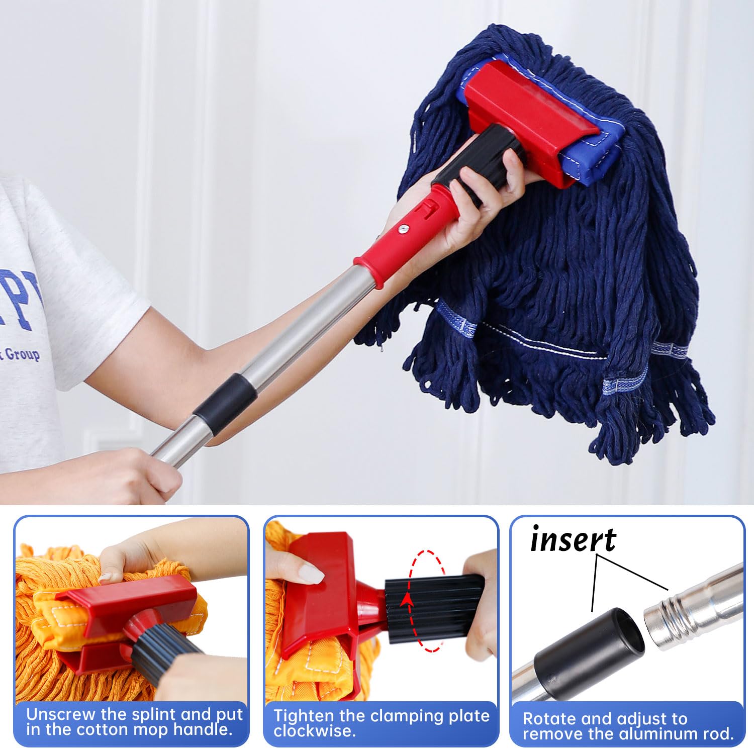 Commercial Mop Heavy Duty Industrial Mop with 77inch Long Handle, Looped-End String Wet Mop with 2 Mop Heads for Home, Garage, Office Floor Cleaning (Blue-Orange)