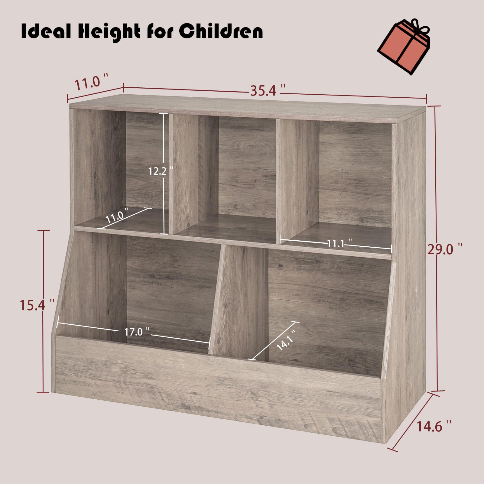 DINZI LVJ Toy Storage Organizer, Kids Bookshelf, Wood Toy Storage Cabinet, 5 Cubby Children Bookcase, Toddler Book Toy Shelf for Playroom, Bedroom, Nursery, Hallway, School, 35.4" Long, Greige