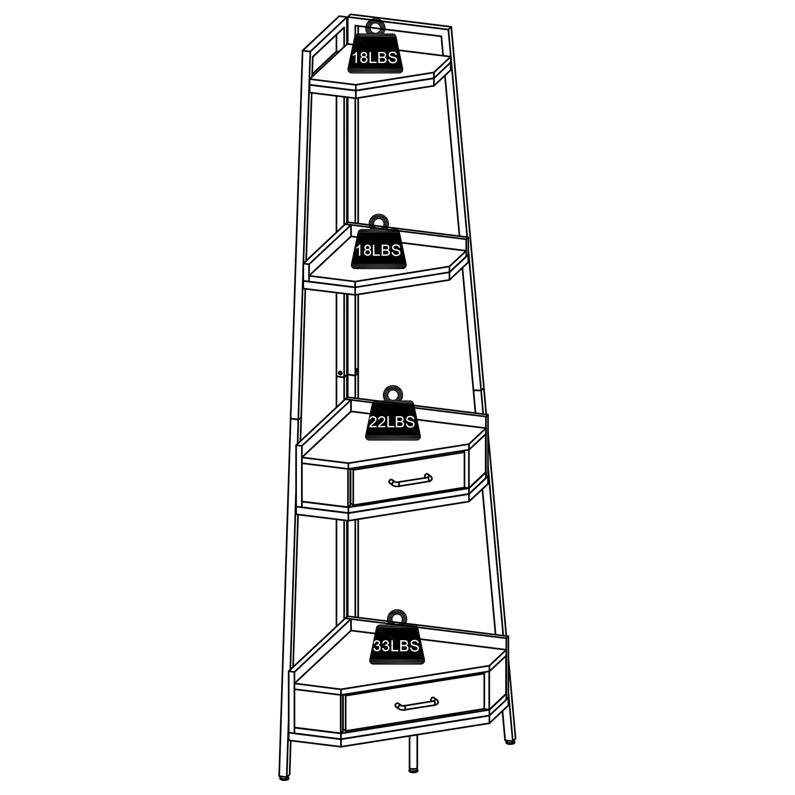 LifeSky Industrial Corner Ladder Shelf - 72.64 Inch Tall Corner Shelves with Drawers - 4-Tier Corner Bookshelf for Living Room Black