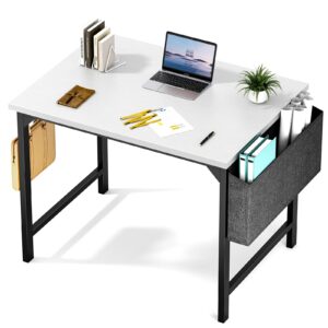 sweetcrispy computer desk - 32 inch small office writing work study kids student teacher home bedroom table storage bag headphone hooks & no wheels - white