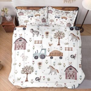 WeCozy Twin Size Comforter Set with Pillowcase, Farm Animal Tractor House Tree Soft 2 Pcs Bedding Set for Kids and Adults Bedroom Bed Decor