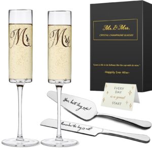 yeegook wedding gifts for bride and groom, mr and mrs champagne flutes, bridal shower gifts, engagement gift, wedding toasting glasses with cake cutting set for wedding anniversary engagement