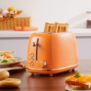 2 Slice Toaster Roter Mond Retro Stainless Steel Toaster with Bagel, Cancel, Defrost Function and 6 Bread Shade Settings Bread Toaster, Extra Wide Slot and Removable Crumb Tray, Orange