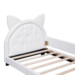 Linique Twin Size Teddy Fleece Upholstered Daybed with Rabbit Carton Ears Shaped Headboard,Twin Wooden Daybed Frame for Girls