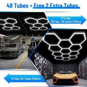 Hexagon Garage Light Fixture 50 Packs: 52800LM 480W Super Bright Honeycomb Hexagon Led Garage Lights, 5000K Natural White, 2 * 5 Grid Systems for Garage Basement Warehouse Gym Car Detailing Shop etc