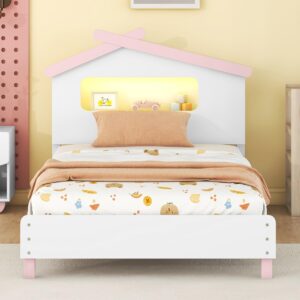 harper & bright designs twin bed frames with house-shaped headboard, wooden kids twin platform bed frame with motion activated night lights, cute single twin bed for girls boys, white+pink