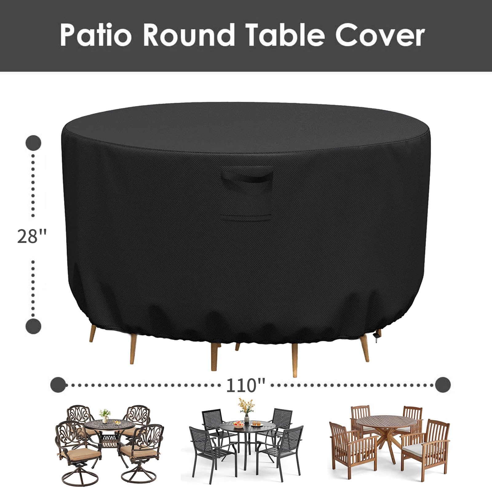 KALINCO Round Patio Furniture Covers, Heavy Duty 600D Waterproof Outdoor Table Chair Set Covers, UV Resistant, 110" DIAx28 H