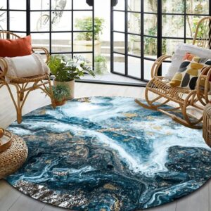 Large Area Rug for Dining Room 5ft Blue Circle Rug Marble Ocean Waves Throw Rug Modern Abstract Round Rug for Bedroom Non-Slip Soft Floor Mats