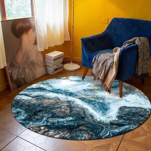 Large Area Rug for Dining Room 5ft Blue Circle Rug Marble Ocean Waves Throw Rug Modern Abstract Round Rug for Bedroom Non-Slip Soft Floor Mats