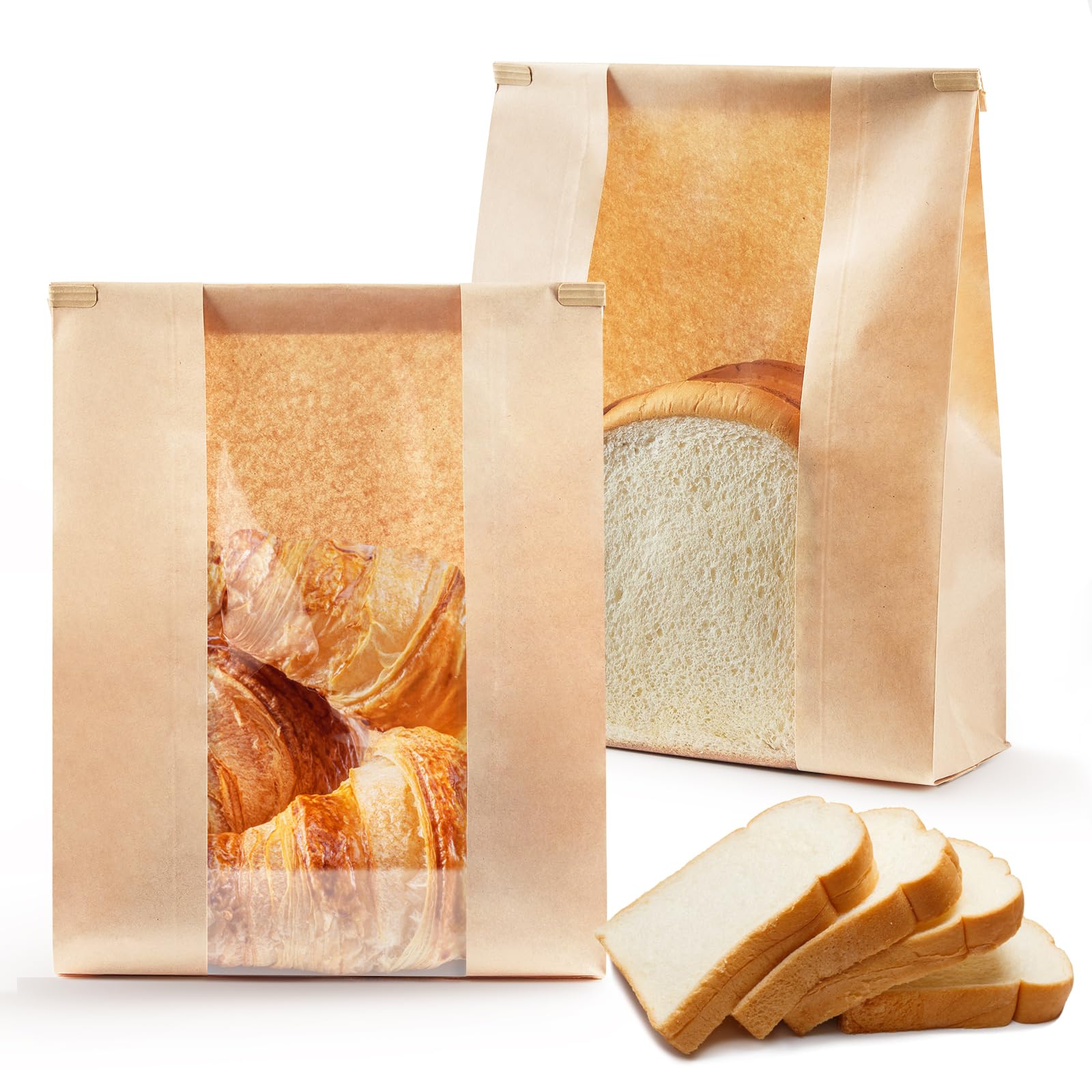 ZORRITA 50 Pack Large Bread Bags, 8.2 x 3.5 x 13.7 Inches Kraft Paper Bakery Bags with Windows Tin Tie Tab Lock Large Bread Bags for Packaging Homemade Sourdough Bread Loaf Cookies Popcorns