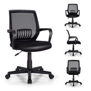 graffy office desk chair, 300 lbs mesh computer chair w/cushioned seat, executive height adjustable rolling chair, mid back swivel task chair, ergonomic office chair w/lumbar arm support, black