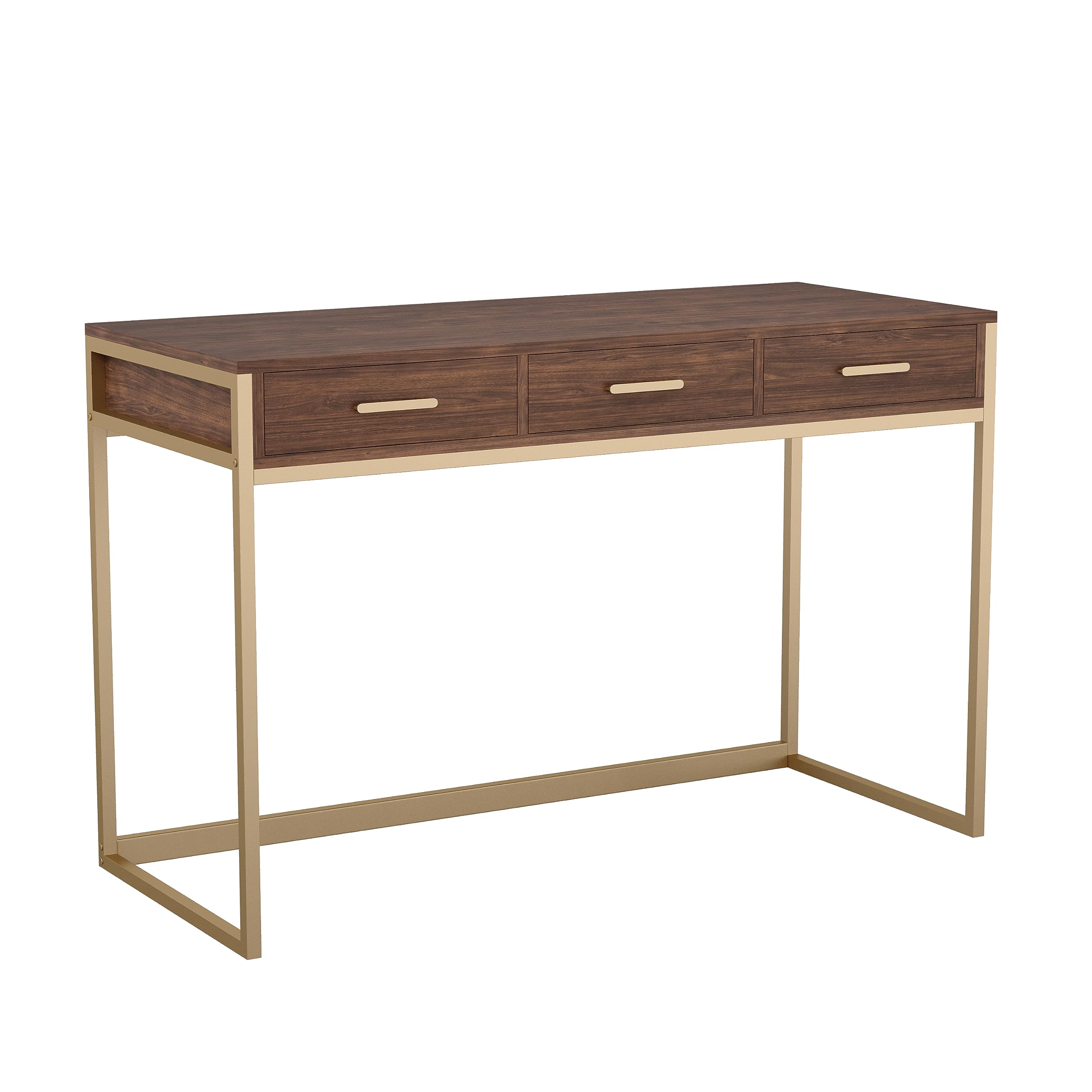 Martha Stewart Ollie Home Office Desk with 3 Drawers in Walnut Wood Grain with Polished Brass Hardware