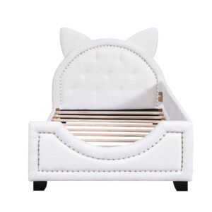 Linique Twin Size Teddy Fleece Upholstered Daybed with Rabbit Carton Ears Shaped Headboard,Twin Wooden Daybed Frame for Girls