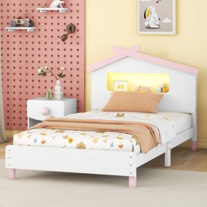 Harper & Bright Designs Twin Bed Frames with House-Shaped Headboard, Wooden Kids Twin Platform Bed Frame with Motion Activated Night Lights, Cute Single Twin Bed for Girls Boys, White+Pink