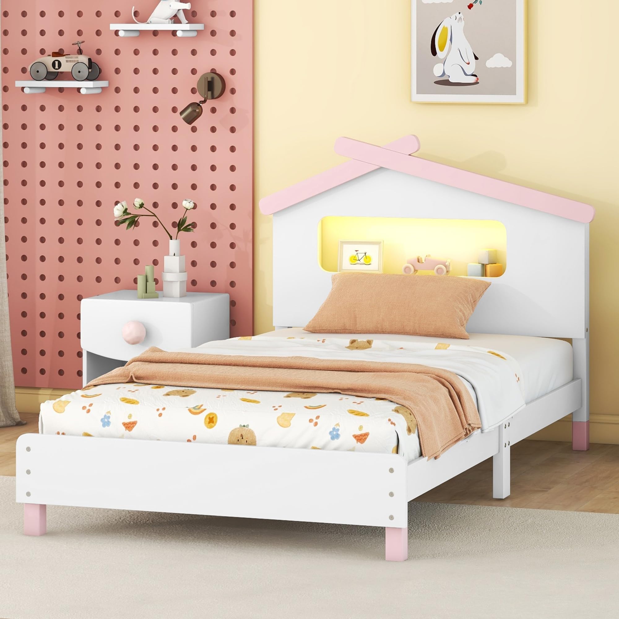 Twin Platform Bed with LED Lights, Wooden Twin Kids Bed with House-Shaped Headboard, Twin Size House Bed Frame for Kids Teens Girls Boys,No Box Spring Needed (White+Pink)