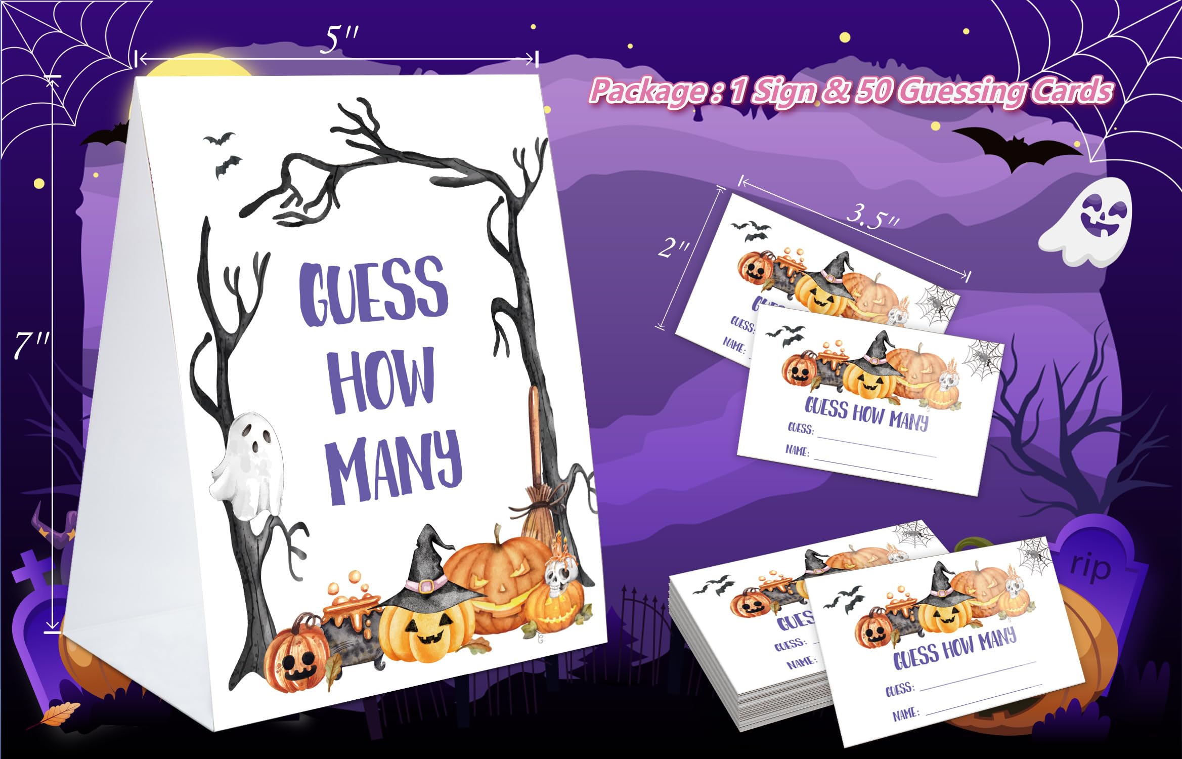 Halloween Theme Guess how many (1 double-sided printed sign and 50 game cards), Halloween decorations, Halloween ideas, Halloween party games, baby shower games WSJCTG001