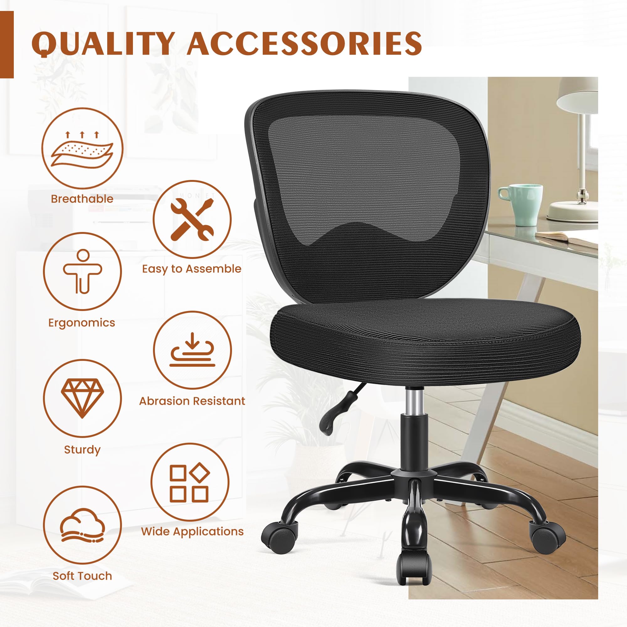 Razzor Office Chair, Comfy Desk Chair for Bedroom, Swivel Computer Desk Chair with Rolling Wheels, Armless Office Chair with Mesh Back Support, Adjustable Height Computer Chair for Home, Black