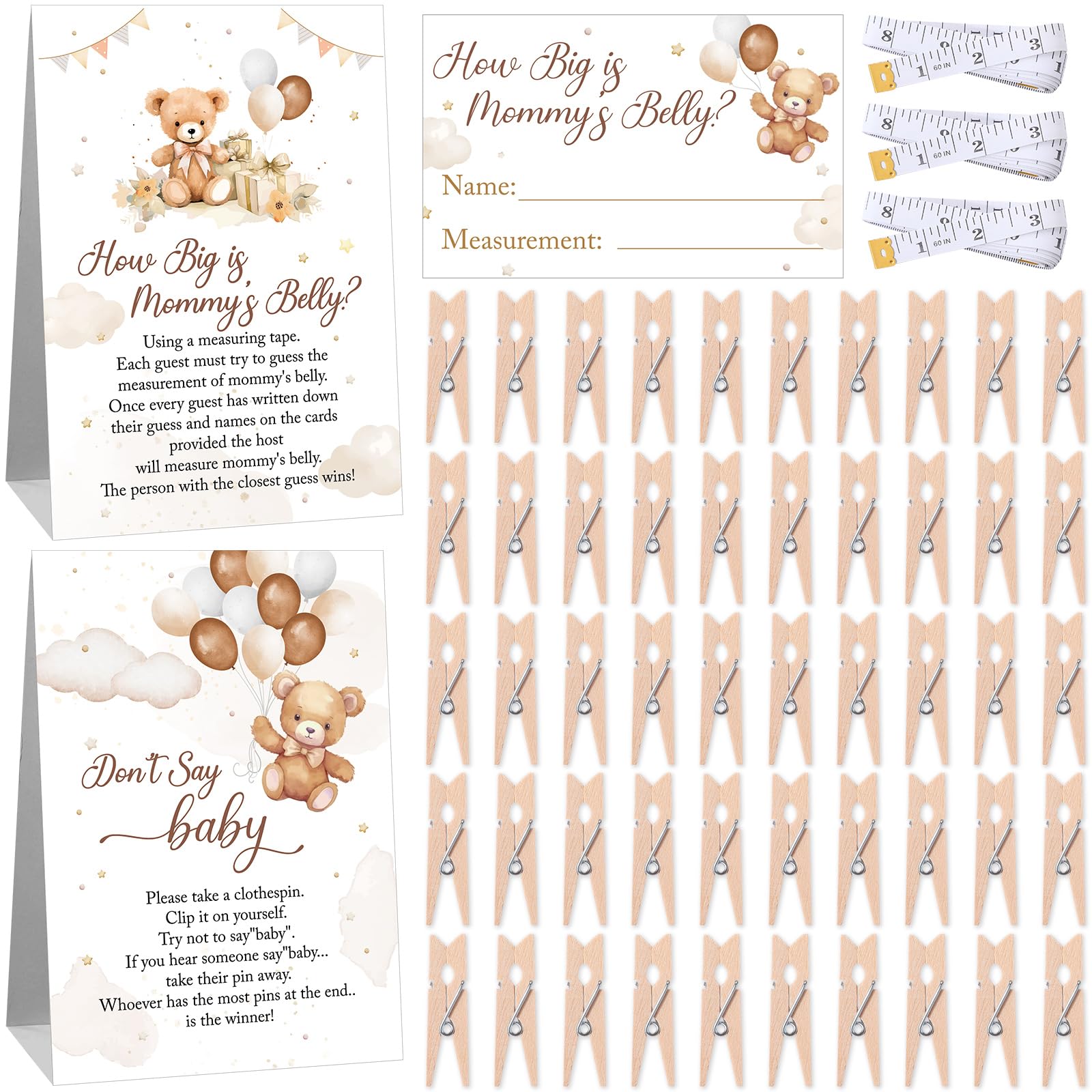 Suzile 105 Pcs Bear Theme Baby Shower Games Include How Big is Mommy's Belly Game Measure Mommy's Belly Sign Don't Say Baby Sign with 50 Mini Clothespins 50 Pcs Guessing Cards 3 Rolls Measuring Tape