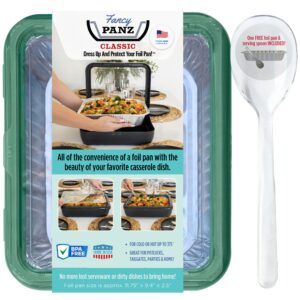 fancy panz classic, food serving tray, made in the usa foil pan carrier, stackable aluminum pan holders with clear lid, travel casserole carrier with 1 disposable foil pan & serving spoon, green