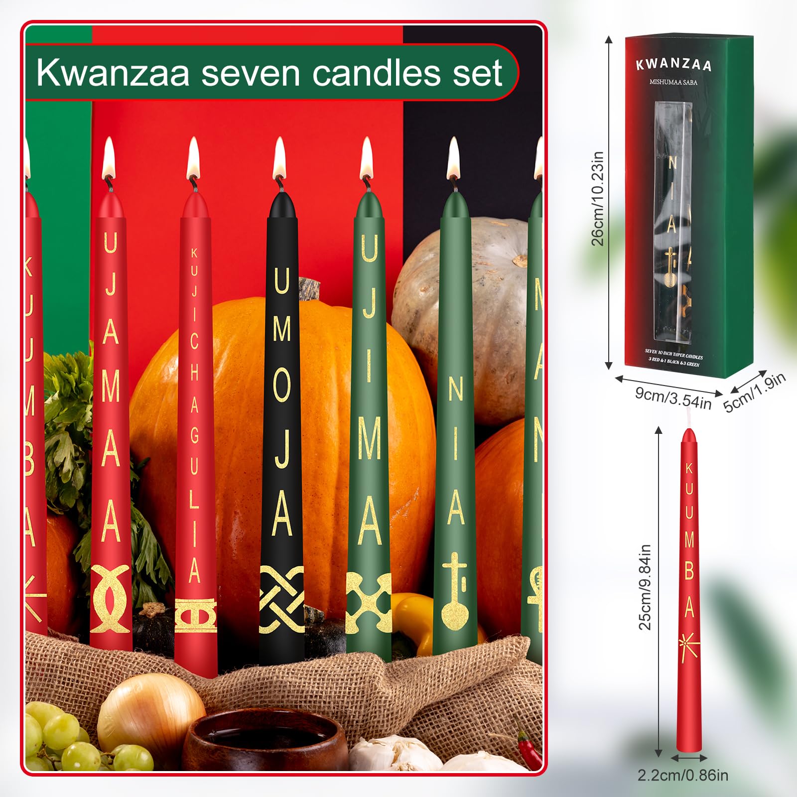 MTLEE 7 Pieces Kwanzaa Candle Set, Seven Principles Taper Candles, African Hand Dipped Unscented Candles, Reliable Quality Candles, for Kwanzaa Home Church Celebration Decor