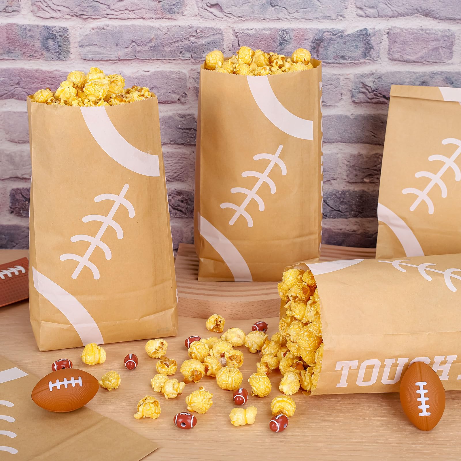 AnyDesign 100Pcs Football Popcorn Bags Large Brown Kraft Wax Paper Bags Disposable Football Theme Candy Treat Bags Touch Down Party Bottom Popcorn Holder for Sports Party Birthday Superbowl Supplies