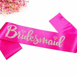 Bridesmaid Sashes Set of 6, Hot Pink Sash with Silver Glitter Letter Bachelorette Party Sash for Bridal Shower Wedding Party Accessories Supplies Engagement Gifts