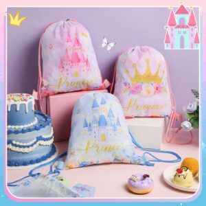 Censen 24 Pcs Drawstring Bags Set Bulk 12 x 10 Inch Princess Prince Party Favor Bags Crown Castle Floral Favor Gift Bag for Kids Gift Party Supplies (castle and Crown Style)