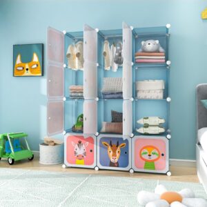 Costzon Kids Closet, Cartoon DIY Modular Dresser Storage Organizer with 12 Cubes & 2 Clothes Hanging Rack, Portable Armoire for Baby Toddlers, Kids Wardrobe for Bedroom Nursery (Blue)