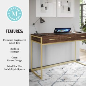 Martha Stewart Ollie Home Office Desk with 3 Drawers in Walnut Wood Grain with Polished Brass Hardware