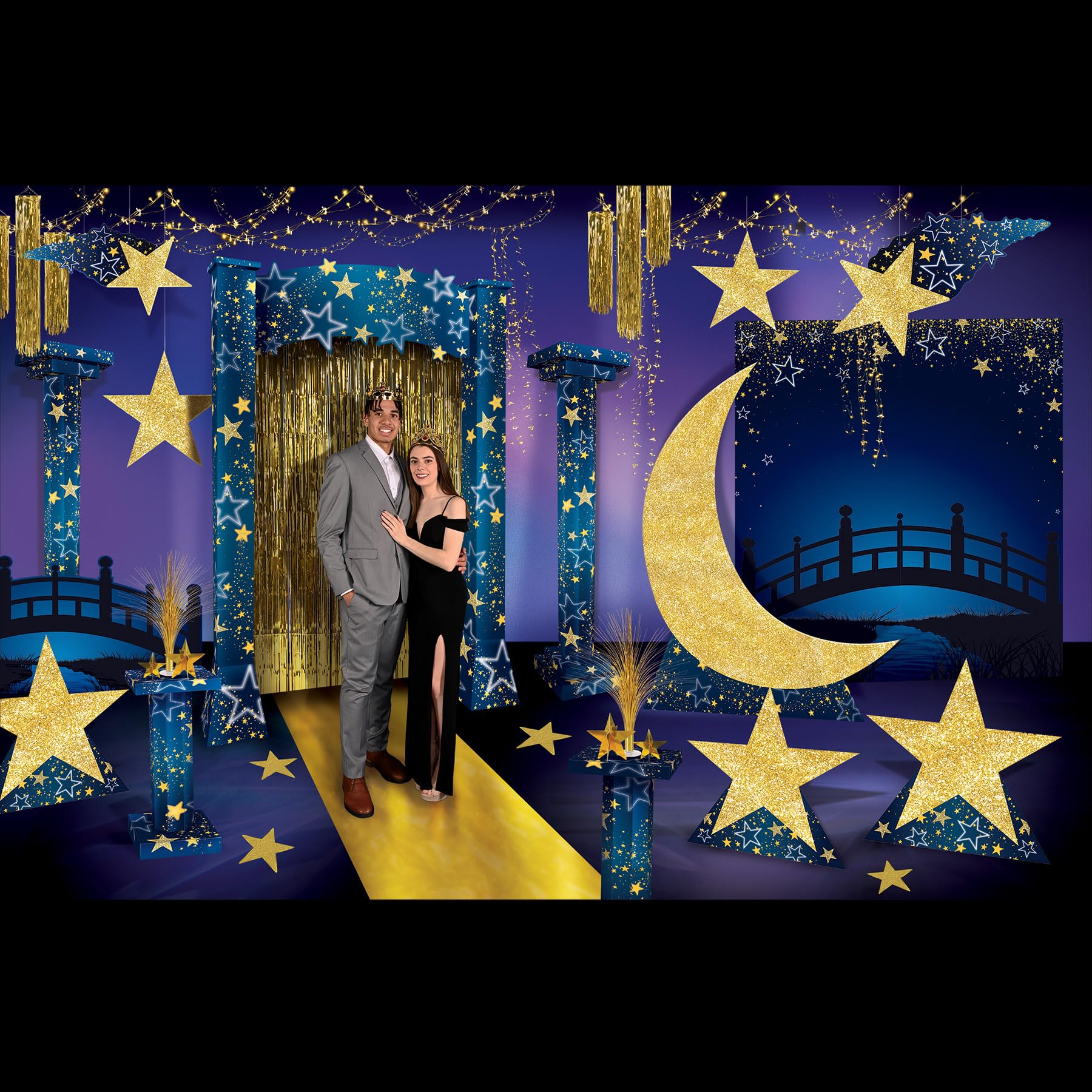 Beistle Large 7' 8.75" x 6' 5.25" Cardboard Starry Night Crescent Moon Stand-Up- Awards Night Photo Prop, Prom Decorations