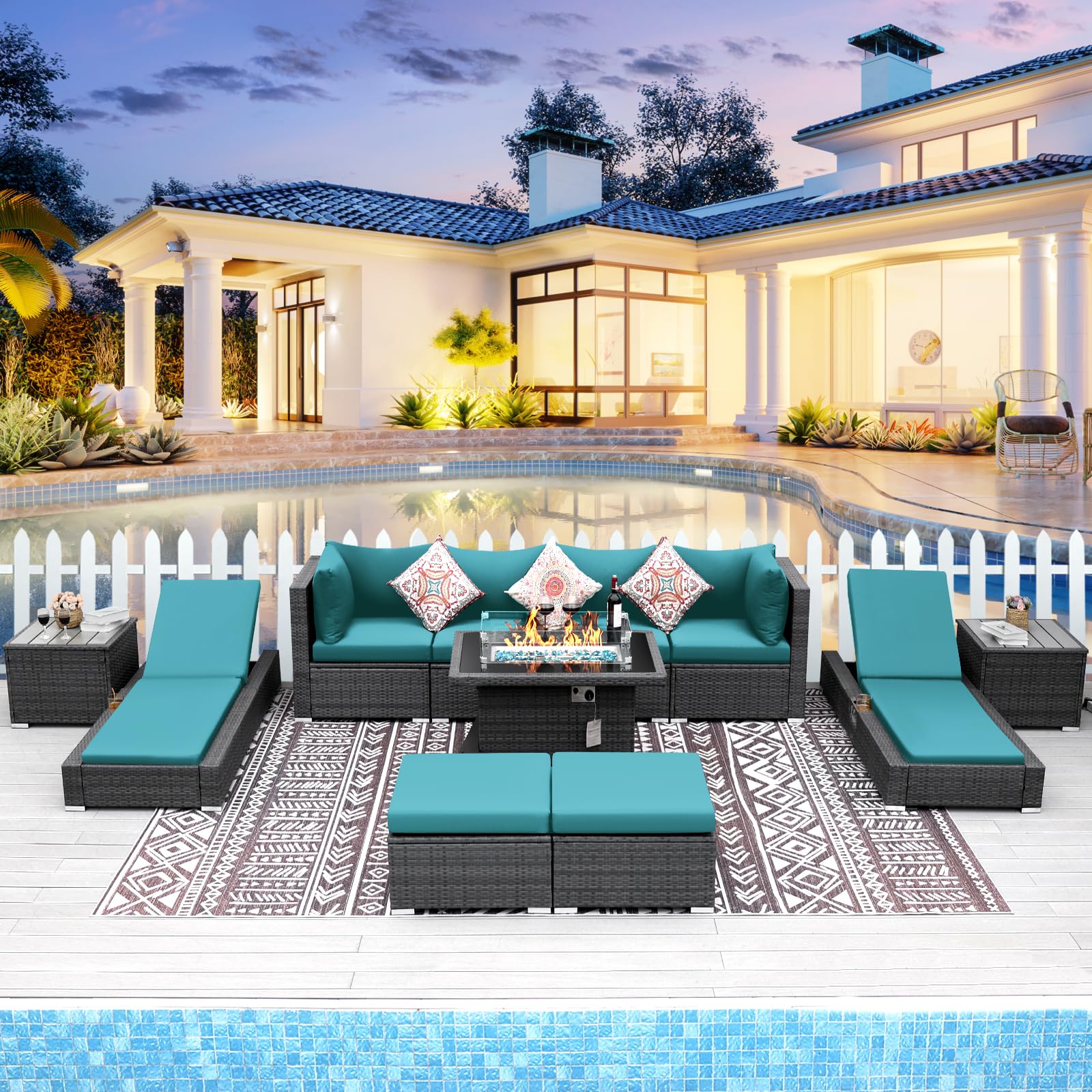 RADIATA PE Wicker Patio Furniture Set Sectional High Back Large Size Sofa Sets with Propane Fire Pit Table 55000 BTU Balcony Rattan Lounge Conversation Sets for Outdoor (11 Pieces,Sky Blue)