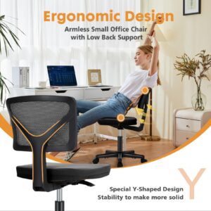 Sweetcrispy Armless Desk Chair - Small Home Office Chair with Wheels, Mesh Low Back Task Chair with Lumbar Support and Wheels, Adjustable Height 360° Rolling Swivel Computer Chair Without Arm, Black