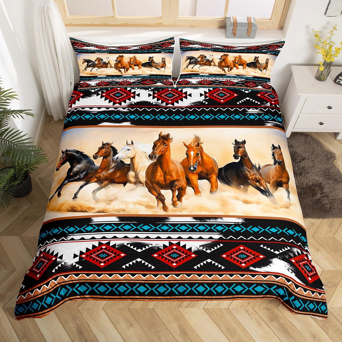 Tribal Aztec Bedding Set King Size for Woman Men,African Horse Wild Animal Bohemian Comforter Cover with 2 Pillowcases,Cow Fur Print Southwest Ethnic Style Duvet Cover Set Microfiber Quilt Cover