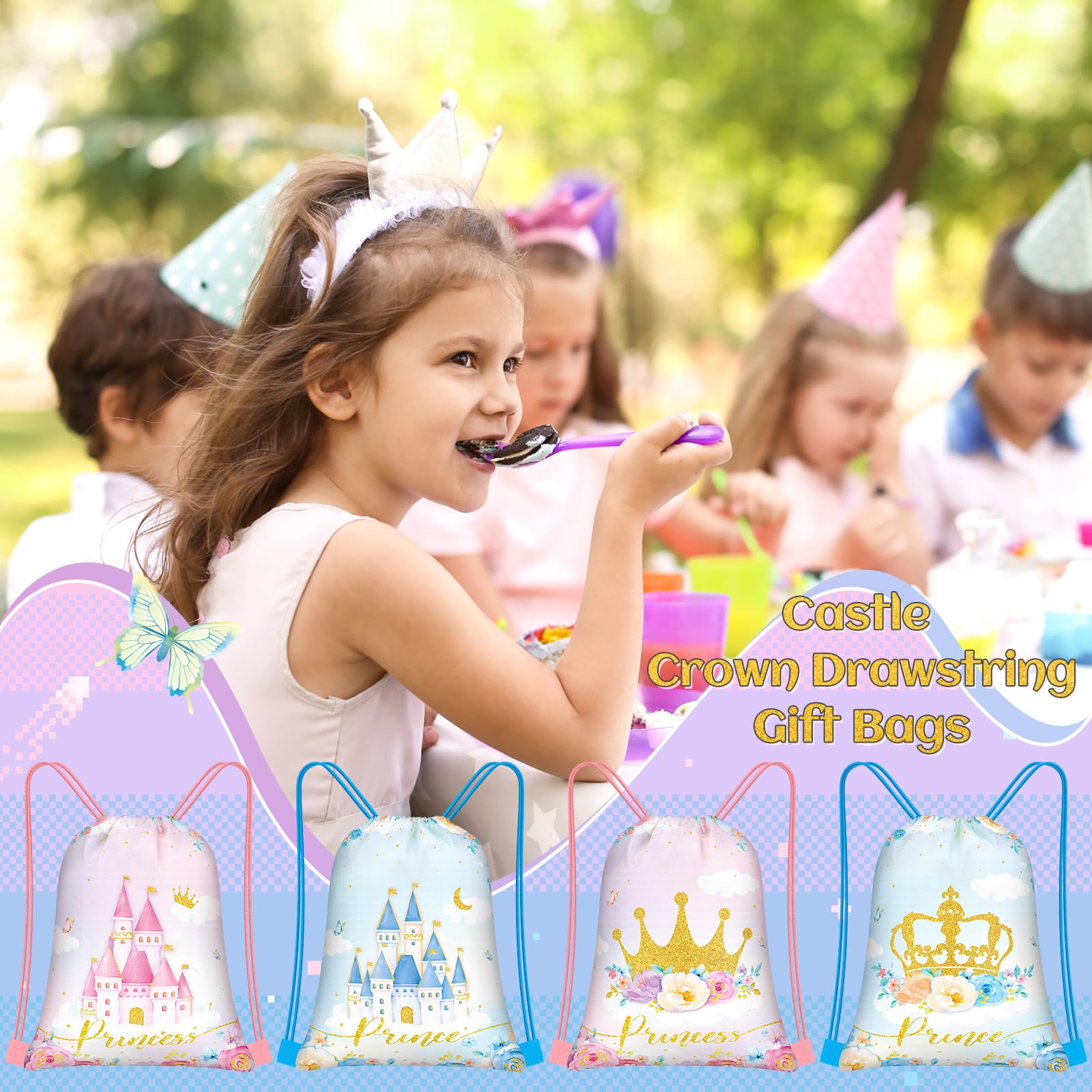 Censen 24 Pcs Drawstring Bags Set Bulk 12 x 10 Inch Princess Prince Party Favor Bags Crown Castle Floral Favor Gift Bag for Kids Gift Party Supplies (castle and Crown Style)