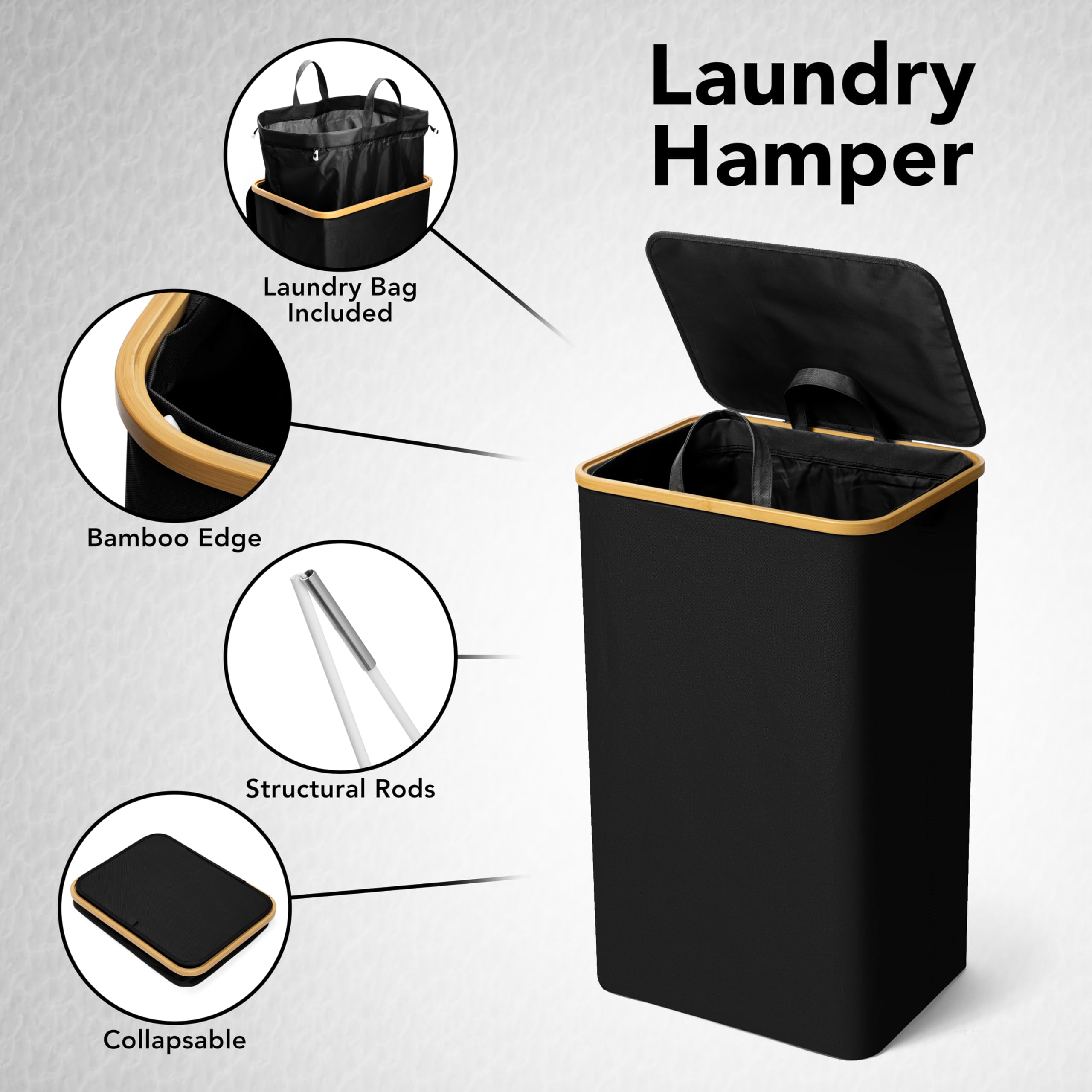 Luxe Laundry Clothing Hamper - 120L Large Laundry Basket with Bamboo Lid & Removable Inner Bag for Dirty Clothes - Free Standing, Tall, Collapsible, High-Capacity & Stylish Design Basket Bin, Black