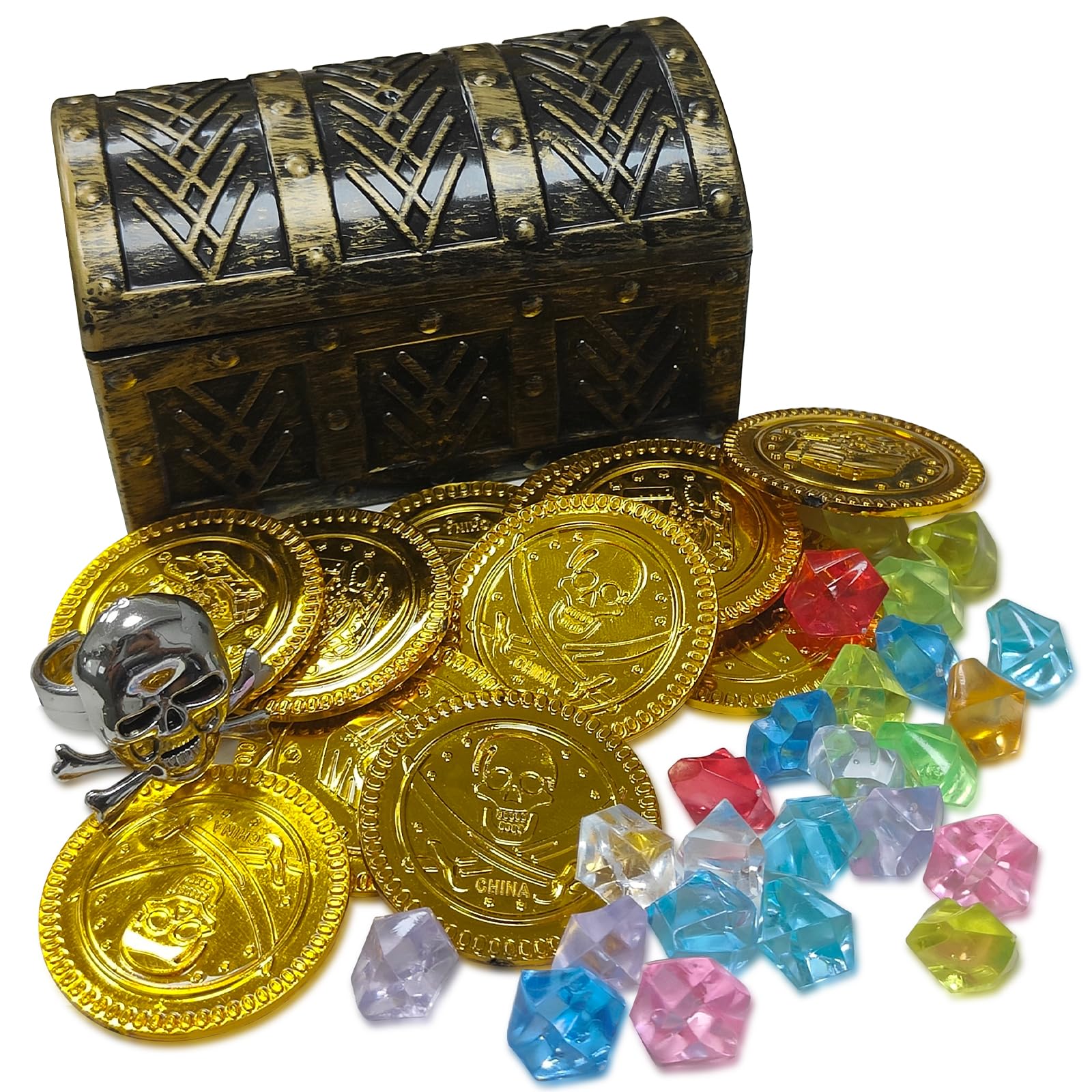 HOPELJ Kids Mini Pirate Treasure Chest Toy Kit - Plastic Small Pirate Chest Box with 12 Skull Gold Coins, 24 Gems, 1 Ring for Boys Girls Halloween Party Favor Pirate Costume Prop