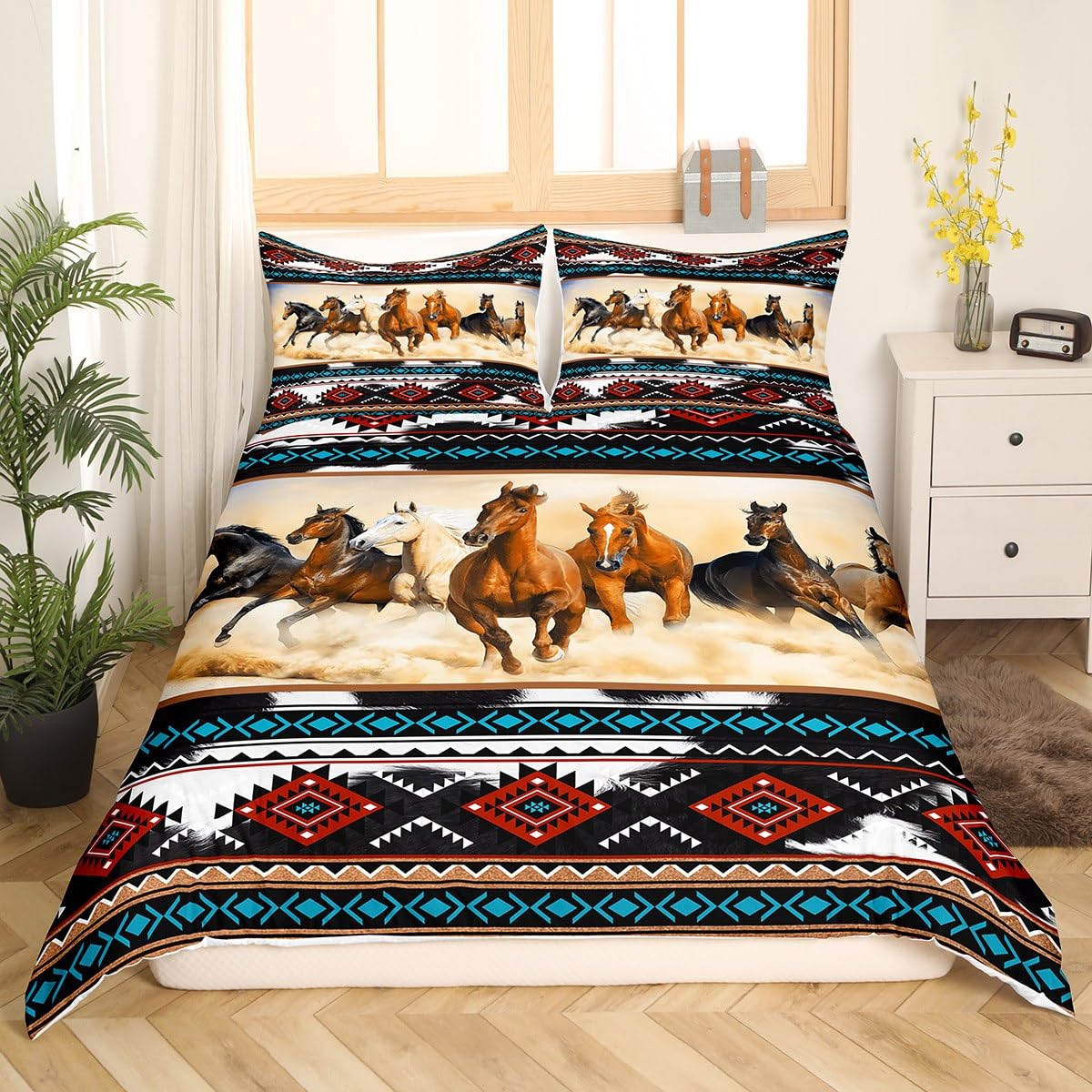 Tribal Aztec Bedding Set King Size for Woman Men,African Horse Wild Animal Bohemian Comforter Cover with 2 Pillowcases,Cow Fur Print Southwest Ethnic Style Duvet Cover Set Microfiber Quilt Cover