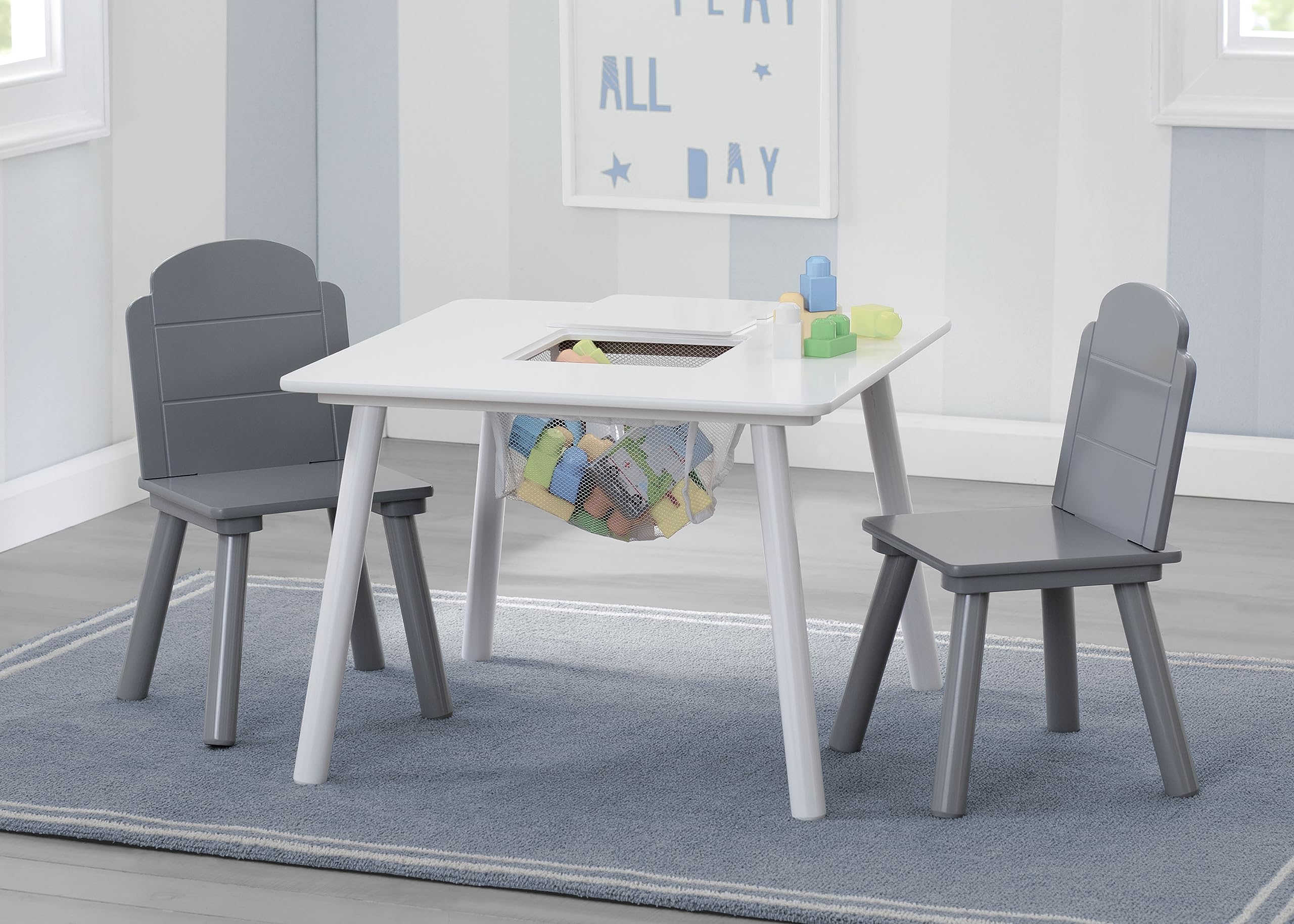 Delta Children Finn Table and Chair Set with Storage, White/Grey