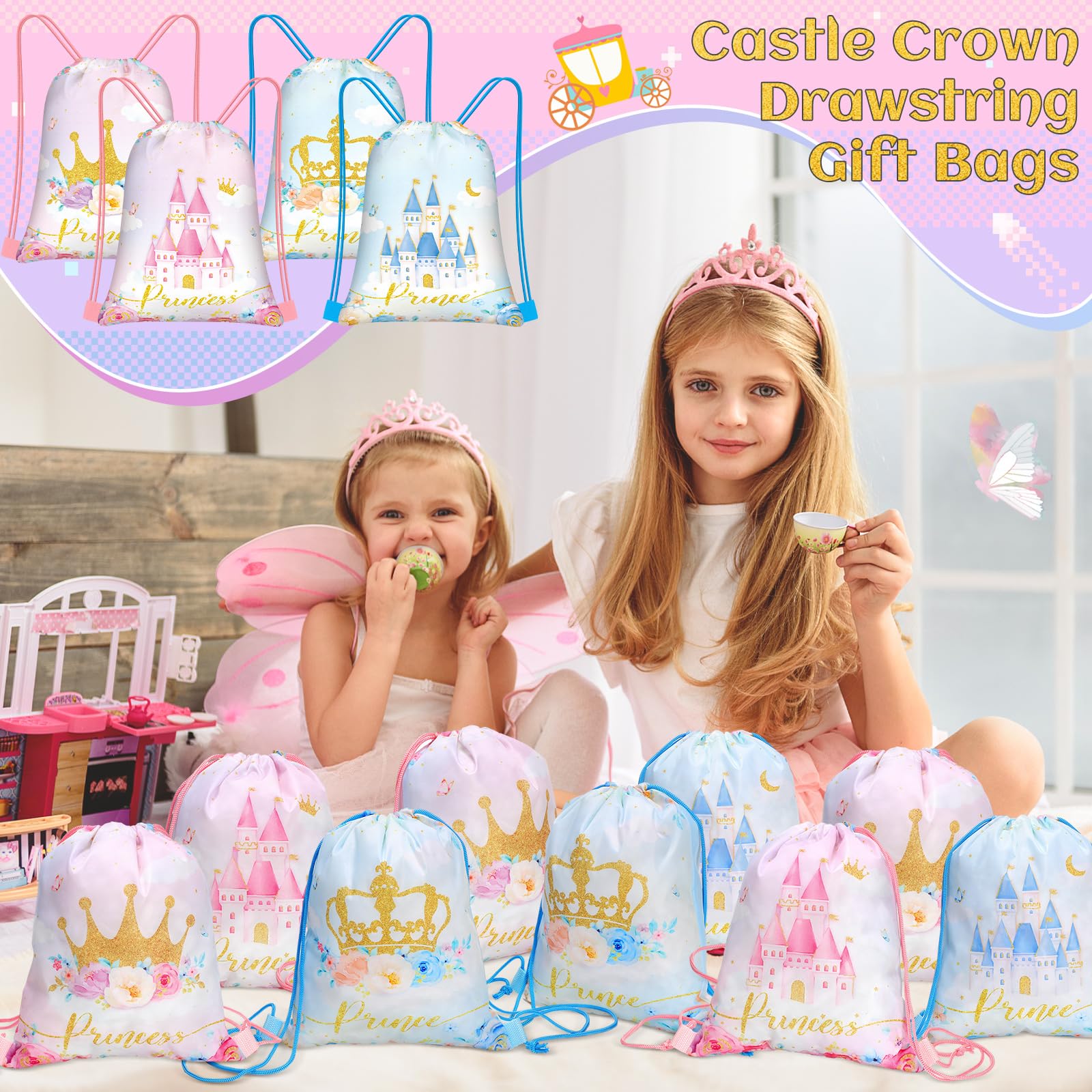 Censen 24 Pcs Drawstring Bags Set Bulk 12 x 10 Inch Princess Prince Party Favor Bags Crown Castle Floral Favor Gift Bag for Kids Gift Party Supplies (castle and Crown Style)