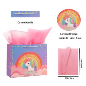 jabberwpacking 9.6" Medium Gift Bags with Tissue Paper for Girls Birthday Blue Pink Unicorn Happy Birthday Gift Bag