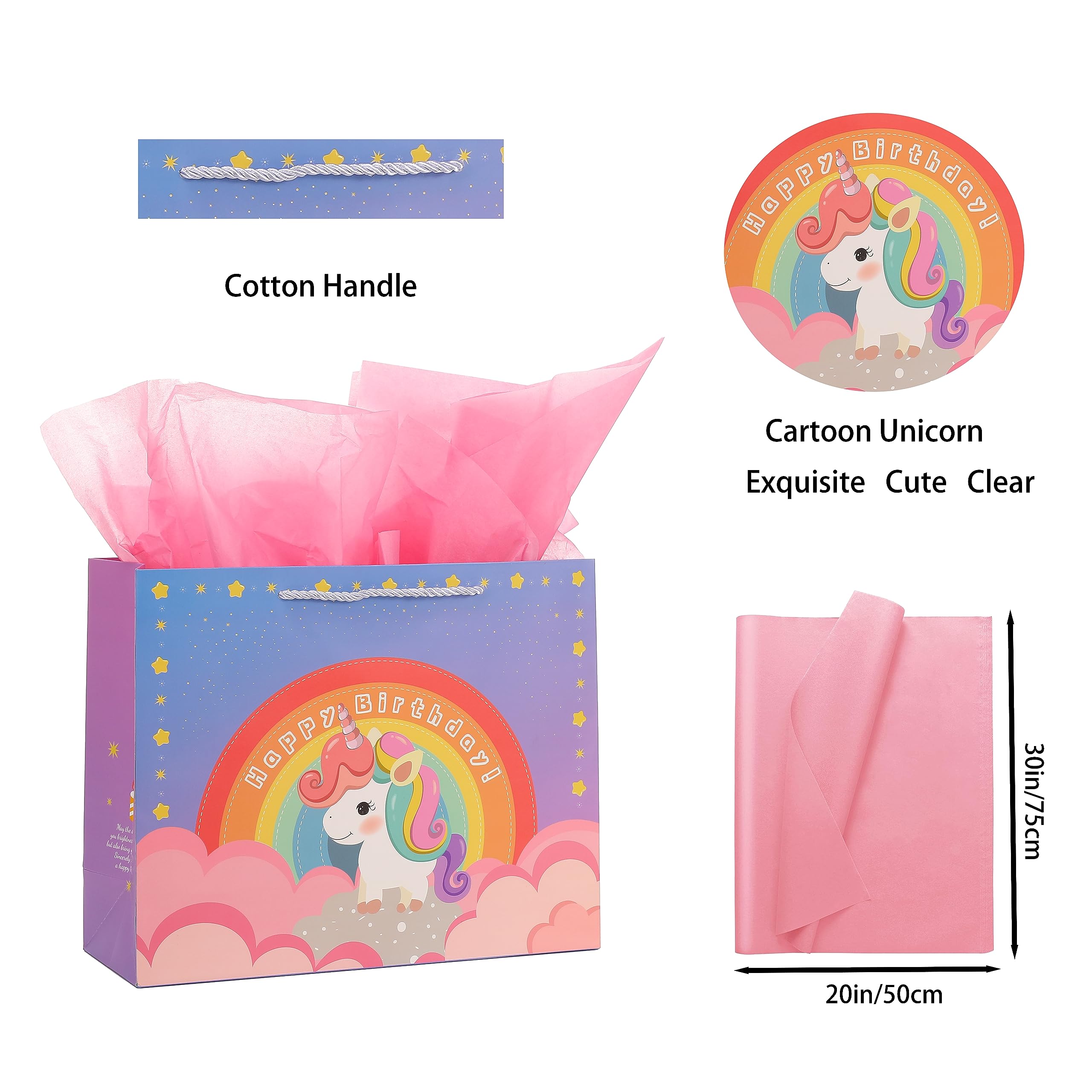 jabberwpacking 9.6" Medium Gift Bags with Tissue Paper for Girls Birthday Blue Pink Unicorn Happy Birthday Gift Bag