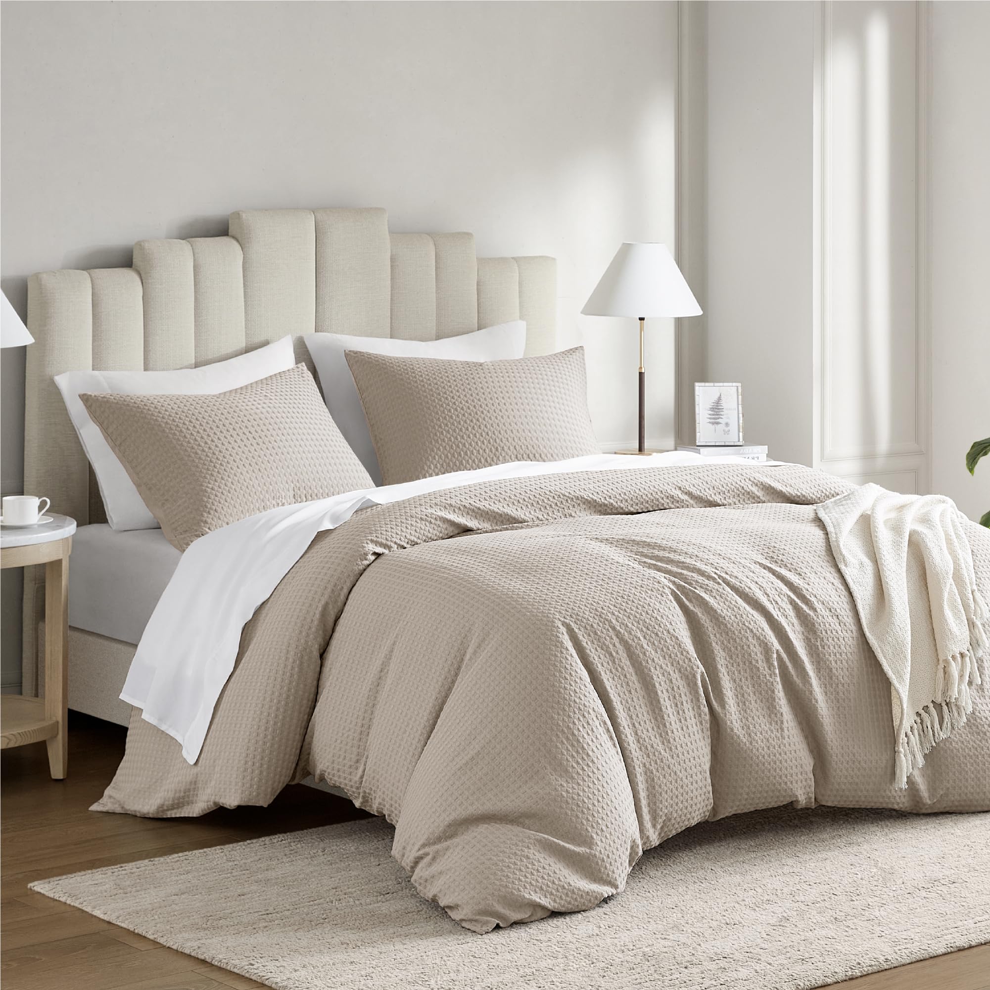 Degrees of Comfort Duvet Cover King - Waffle Weave Textured Soft 3 Pieces Bedding Comforter Cover with Pillowcase for All Season (No Comforter Included), Beige, King